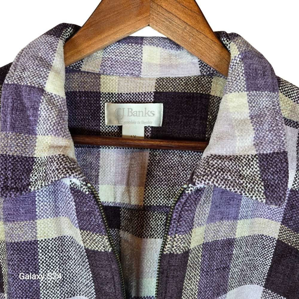 CJ Banks Women's Plaid Zip Front Vest Size 1X Purple Beige Sleeveless‎